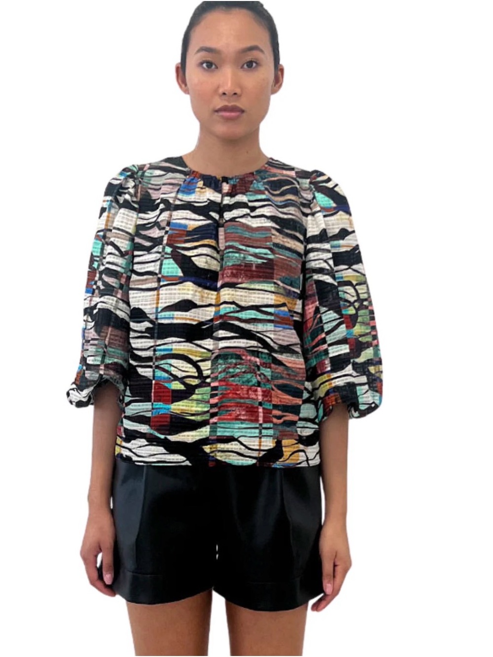 Marie Oliver Harly Prism Abstract Multi-Color Puff Sleeve Blouse Sz Small